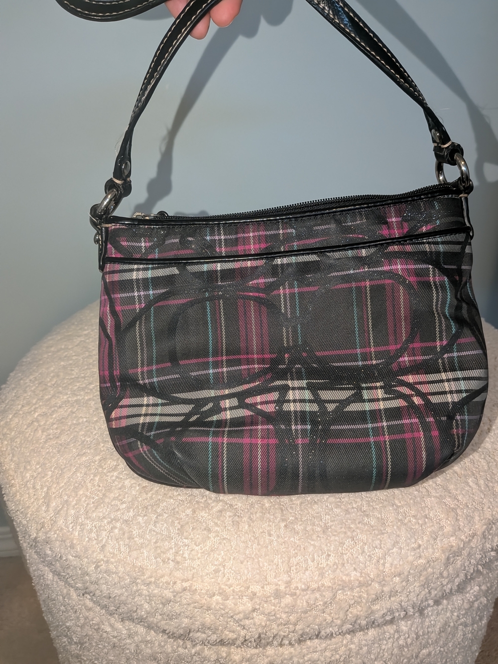 Coach Black Shoulder Bag with Pink and Teal Plaid
